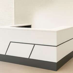 Modern Reception Counter in Matte White Finish with Charcoal Base & Angular Geometric Accents