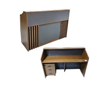 Modern Reception Counter in Rich Walnut Finish with Charcoal Accents, Wooden Slats & Diamond Quilted Center Panel
