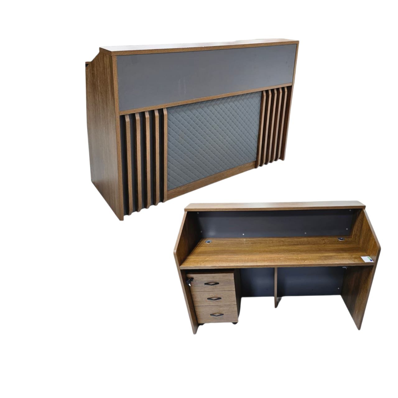 Modern Reception Counter in Rich Walnut Finish with Charcoal Accents, Wooden Slats & Diamond Quilted Center Panel