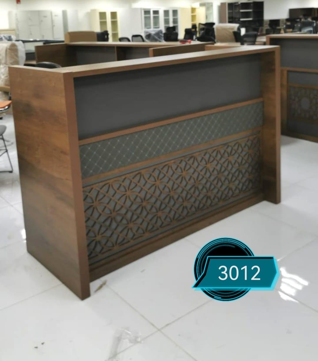Modern Reception Counter in Walnut with Quilted Slate Border & Floral Cutouts