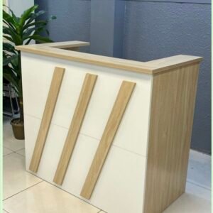 Modern Reception Counter in White & Oak with Diagonal Wooden Accent Stripes