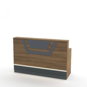 Modern Reception Counter in Wooden Finish with Angular Gray Accent & LED Base Strips