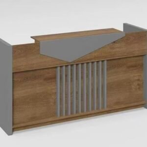 Modern Reception Counter in Wooden Finish with Angular Gray Top Accent & Vertical Slat Center Panel
