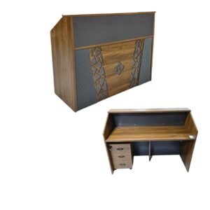 Modern Reception Counter with Lattice Cutout Panel & Gray Geometric Borders