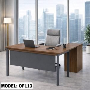 Modern Teak L Shaped Executive Table with Charcoal Legs and Side Return