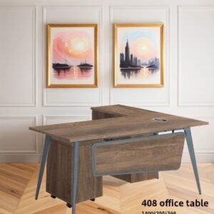 Modern Walnut L Shaped Desk with Sleek Grey Frame and Pedestal