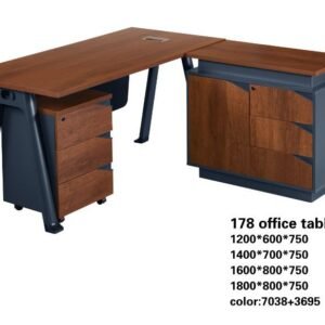 Modern Walnut L Shaped Executive Table with Navy Blue Frame and Side Credenza