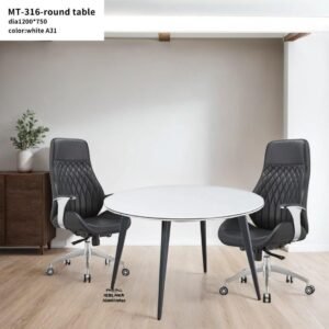 Modern and Classic Meeting Table in Premium Matt White Round Top with Sleek Black Metallic Frame