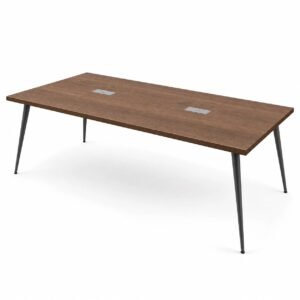 Modern and classic Meeting Table in Dark Walnut Wood with Sleek Black Tapered Legs and Dual Cable Ports