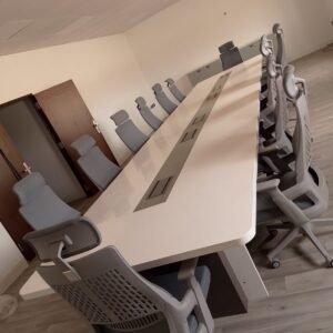 Modern and classic Meeting Table in Glossy Off White Finish with Centered Media Track and Angular Base