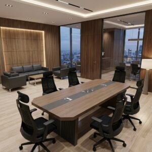 Modern and classic Meeting Table in Natural Walnut Veneer with Angled Corners, Grey Accent Track, and Fluted Panel Legs