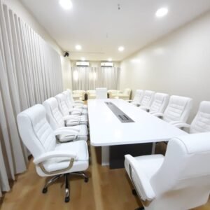 Modern and classic Meeting Table in Premium White Finish with Embedded Cable Tray and Sturdy Dark Base