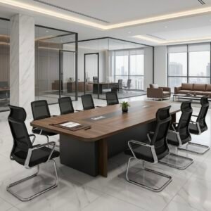 Modern and classic Meeting Table in Rich Walnut Finish with Boat Shaped Edges and Charcoal Box Modesty Base