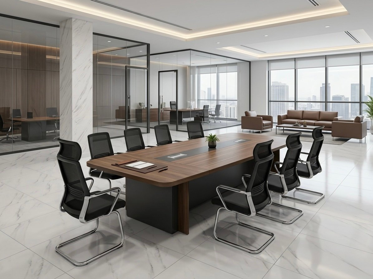 Modern and classic Meeting Table in Rich Walnut Finish with Boat Shaped Edges and Charcoal Box Modesty Base