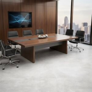 Modern and classic Meeting Table in Rich Walnut Finish with Matte Grey Center Strip and Heavy Slab Panel Legs