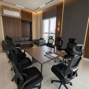 Modern and classic Meeting Table in Square Walnut Top with Minimalist Charcoal Legs and Integrated Port Outlets