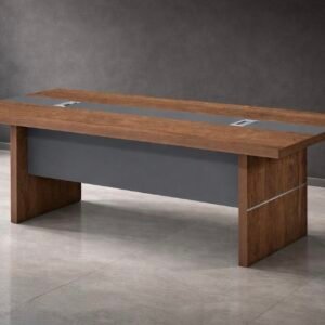 Modern and classic Meeting Table in Substantial Walnut Finish with Thick Modesty Panel and Matte Grey Center Inlay