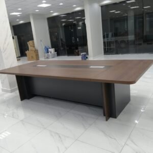 Modern and classic Meeting Table in Teak Wood with Centered Media Track and Solid Box Modesty Base
