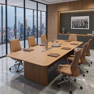 Modern and classic Meeting Table with Boat Shaped Oak Top, Sleek Connectivity Track, and Curved U Panel Base
