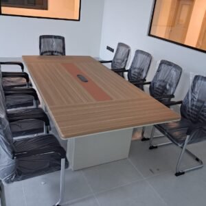 Modern and classic Meeting Table with Light Wood Grain Top, Center Accent Inlay, and Solid Off White Base