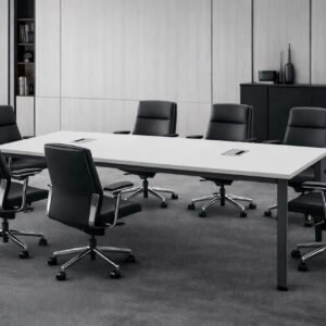 Modern and classic Meeting Table with Premium Matt White Rectangular Top and Minimalist Charcoal Post Legs