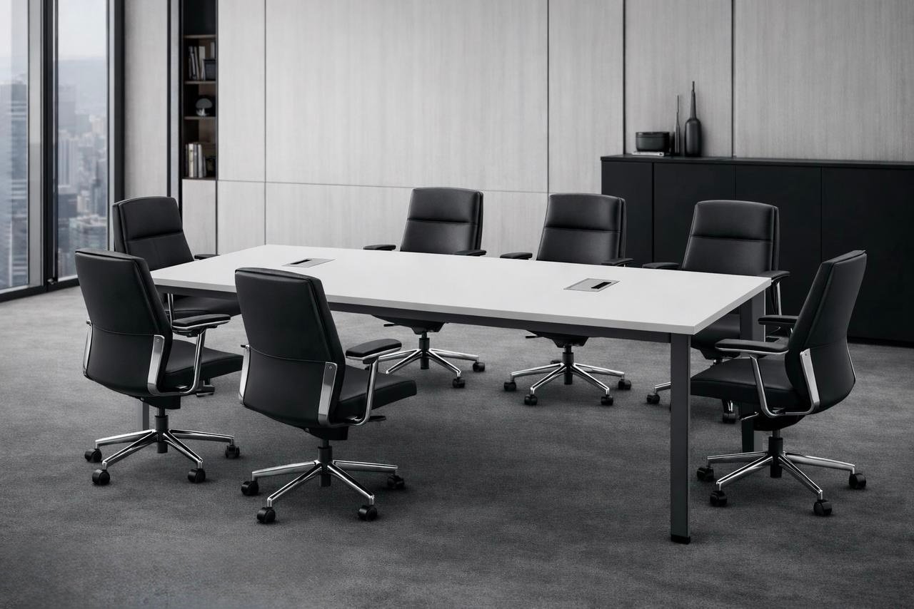 Modern and classic Meeting Table with Premium Matt White Rectangular Top and Minimalist Charcoal Post Legs