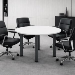 Modern and classic Meeting Table with Premium Matt White Round Top and Sleek Charcoal Metal Legs