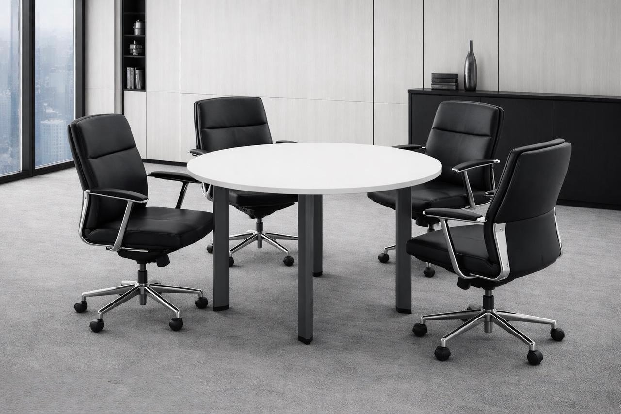 Modern and classic Meeting Table with Premium Matt White Round Top and Sleek Charcoal Metal Legs