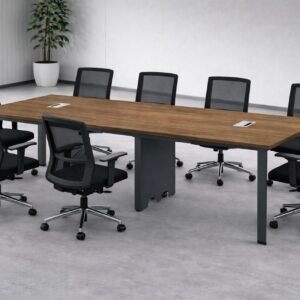 Modern and classic Meeting Table with Rectangular Walnut Veneer Top, Dual Port Cutouts, and Industrial Charcoal Panel Base