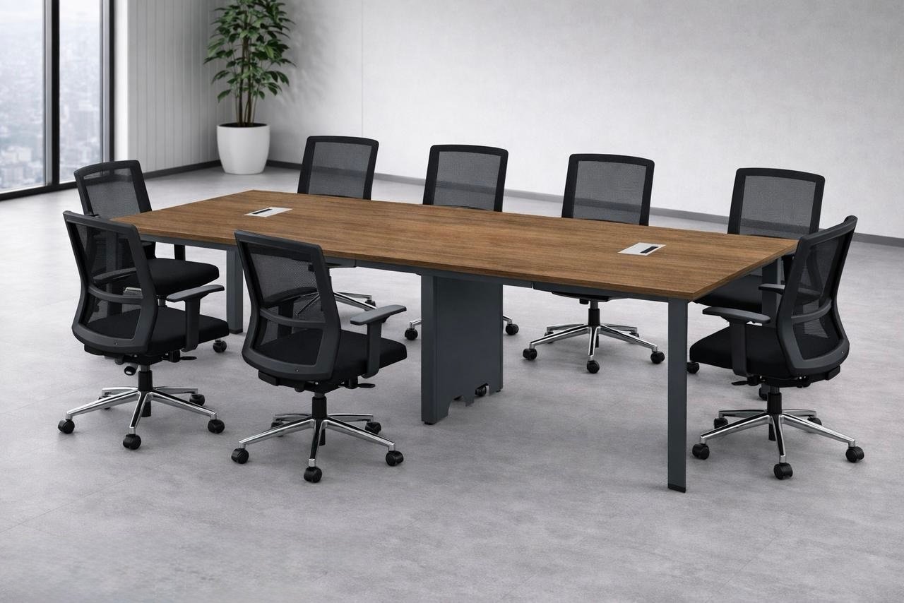 Modern and classic Meeting Table with Rectangular Walnut Veneer Top, Dual Port Cutouts, and Industrial Charcoal Panel Base