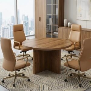 Modern and classic Meeting Table with Round Oak Top and Sturdy Three Panel Cross Base