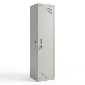 Off White 1-Door Metal Locker Cabinet featuring ventilation slats and secure key lock for compact personal storage.