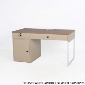 Premium Beige & Wood Staff Desk with White Metal Loop Leg, Built in Drawer, and Storage Cabinet