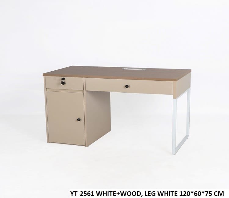 Premium Beige & Wood Staff Desk with White Metal Loop Leg, Built in Drawer, and Storage Cabinet