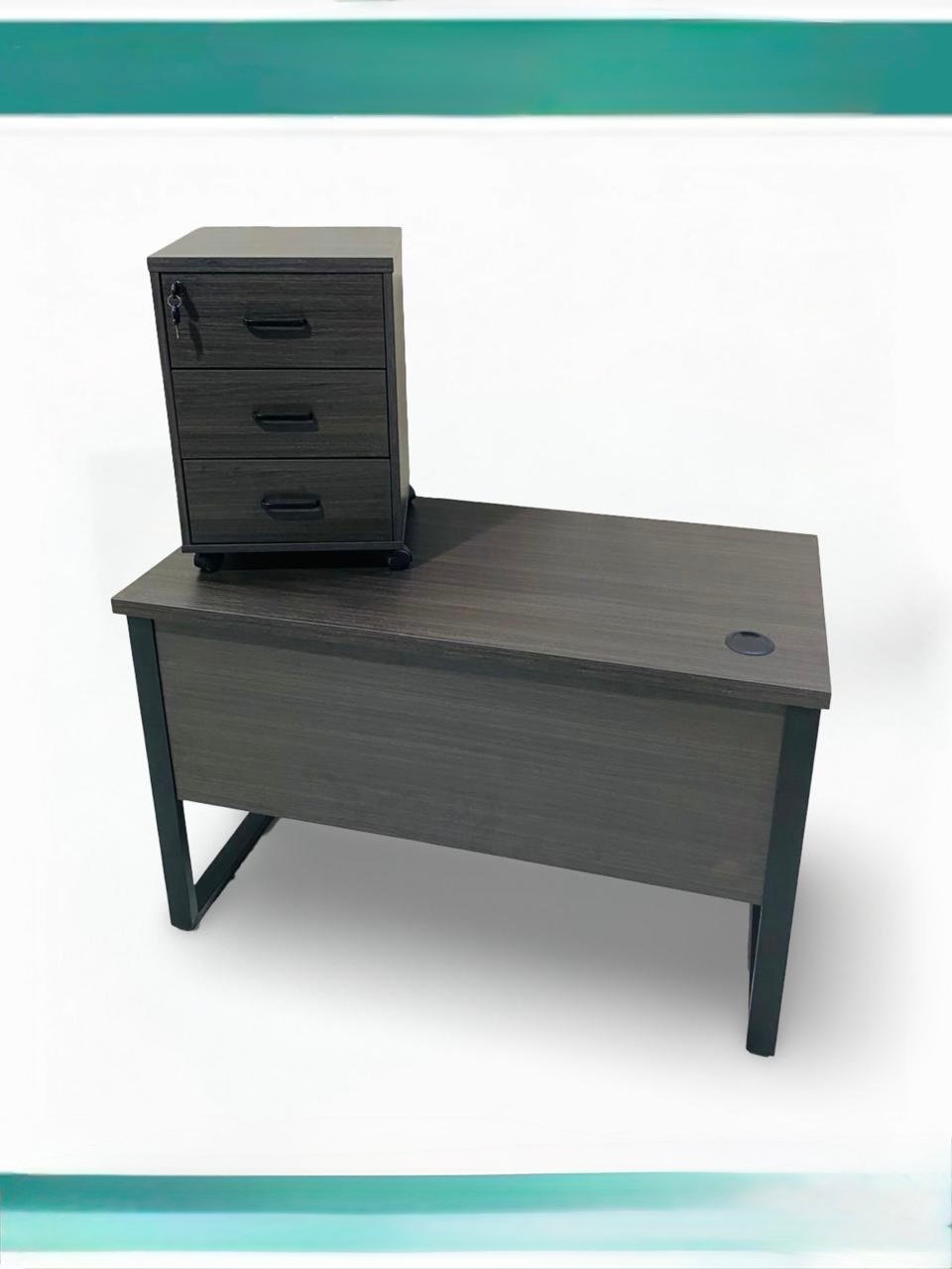 Premium Charcoal Grey Staff Office Table with Black Metal Loop Frame and 3 Drawer Mobile Pedestal