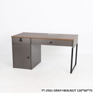 Premium Charcoal Grey & Walnut Desk with Black Metal Loop Leg, Built in Drawer, and Storage Cabinet