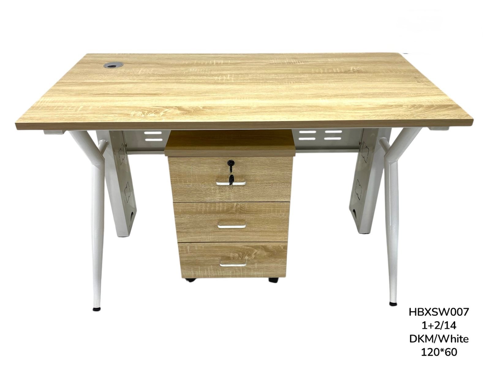Premium Dark Khaki Maple Staff Office Table with White Metal Frame and 3 Drawer Pedestal