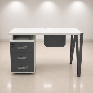 Premium Full White Staff Office Table with Charcoal Grey 3 Drawer Pedestal and Charcoal Grey Zigzag Metal Frame