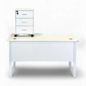 Premium Full White Staff Office Table with White Metal Loop Frame and 3 Drawer Mobile Pedestal