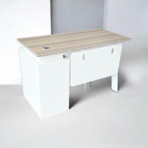 Premium Light Ash Wooden Executive Desk with Matt White Side Credenza and Floating Modesty Panel