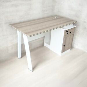 Premium Light Ash Wooden Office Desk with White A Line Tapered Legs and Integrated Side Storage Unit