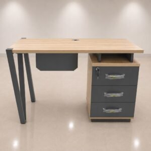 Premium Light Oak Staff Office Table with Charcoal Grey 3 Drawer Pedestal and Charcoal Grey Zigzag Metal Frame