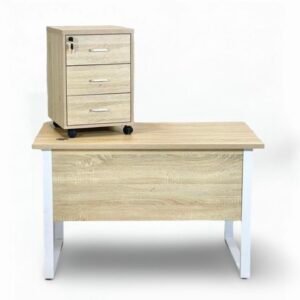 Premium Light Oak Staff Office Table with White Metal Loop Frame and 3 Drawer Mobile Pedestal