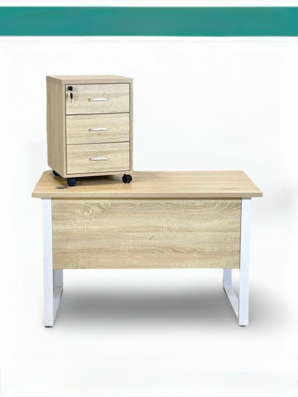 Premium Light Oak Staff Office Table with White Metal Loop Frame and 3 Drawer Mobile Pedestal
