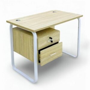 Premium Light Oak Staff Office Table with White Metal Loop Frame and Attached 2 Drawer Pedestal