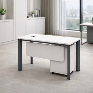 Premium Matt White Executive Desk with Charcoal Grey Metal Legs, Modesty Panel, and Mobile Pedestal