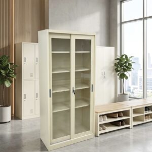 Premium Off White Full Glass 2 Door Sliding Metal File Cabinet