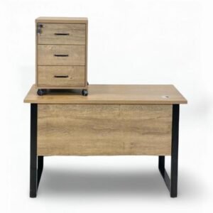 Premium Teak Wooden Staff Office Table with Black Metal Loop Frame and 3 Drawer Mobile Pedestal