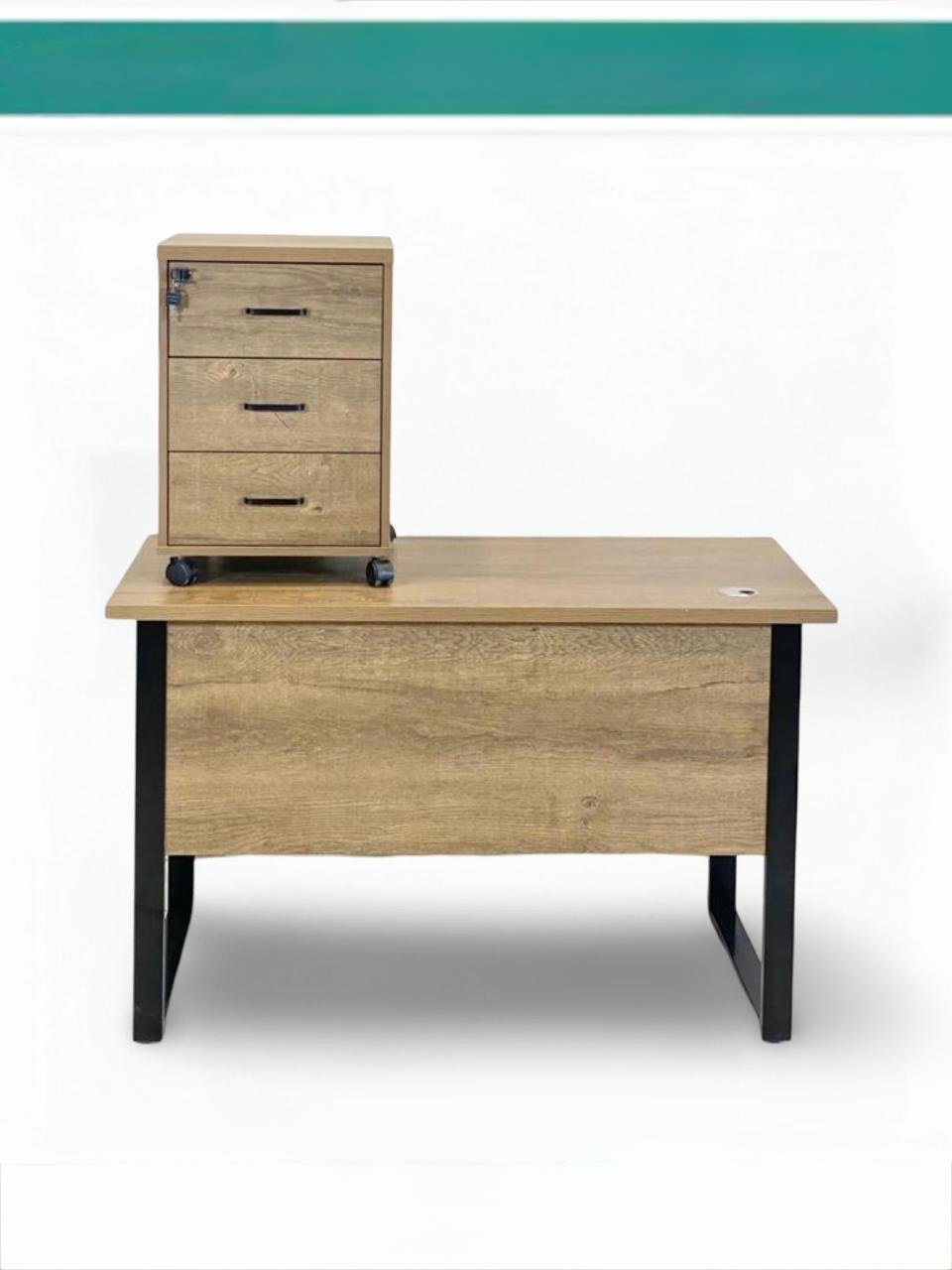 Premium Teak Wooden Staff Office Table with Black Metal Loop Frame and 3 Drawer Mobile Pedestal