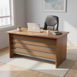 Premium Teak Wooden Staff Office Table with Vertical Panels and Grey Accents